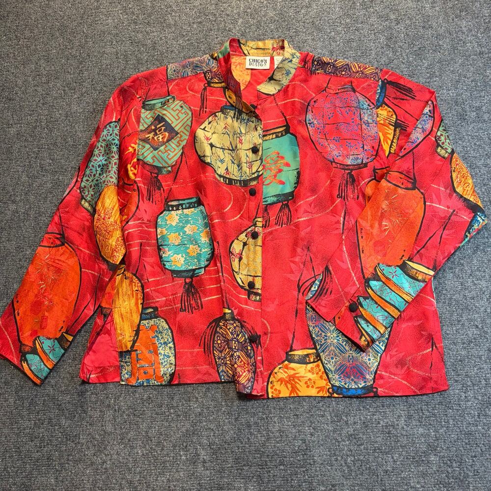 Chico's Red Asian Lantern Print Silk Blouse Size 1 Medium Button Up Shirt Blouse